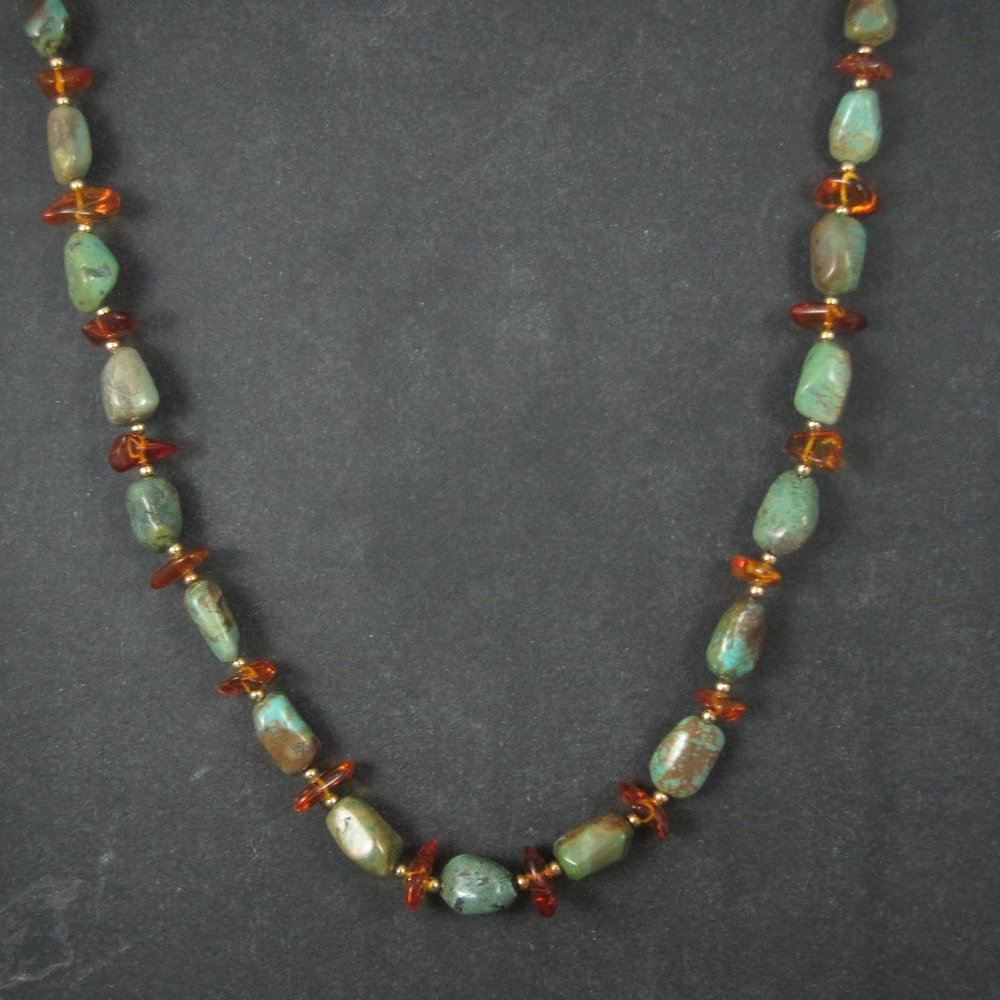 Vintage Amber & Turquoise Necklace 26"